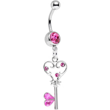 Load image into Gallery viewer, Pink Gem Fancy Curlicue Heart Key Dangle Belly Ring

