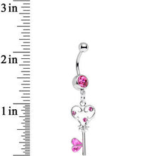 Load image into Gallery viewer, Pink Gem Fancy Curlicue Heart Key Dangle Belly Ring
