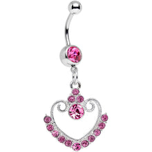 将图片加载到图库查看器，Pink Gem Ornate Hollow Heart Dangle Belly Ring

