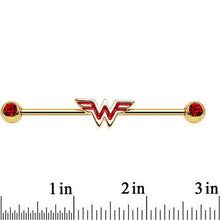 Load image into Gallery viewer, Red Gem Gold Plated Licensed Wonder Woman Logo Industrial Barbell
