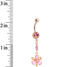 Load image into Gallery viewer, Pink CZ Rose Gold Plated Ribbon Flower Charm Dangle Belly Ring
