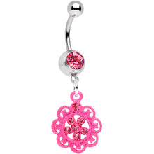 Load image into Gallery viewer, Pink Gem Lacy Pink Flower Dangle Belly Ring

