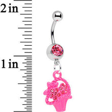 将图片加载到图库查看器，Pink Gem Bow Tied Pink Flower Basket Dangle Belly Ring
