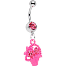 将图片加载到图库查看器，Pink Gem Bow Tied Pink Flower Basket Dangle Belly Ring
