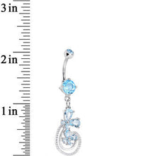 Load image into Gallery viewer, Aqua Cubic Zirconia Dazzling Duo Flowering Butterfly Dangle Belly Ring
