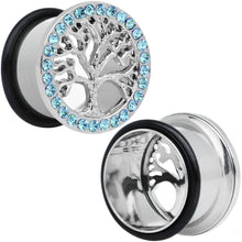 Load image into Gallery viewer, 11/16 Blue Gem Stainless Steel Single Flare Tree of Life Plug Set
