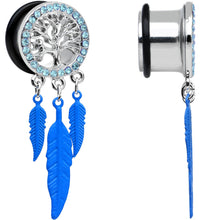 Load image into Gallery viewer, 9/16 Blue Gem Steel Single Flare Tree of Life Dangle Plug Set
