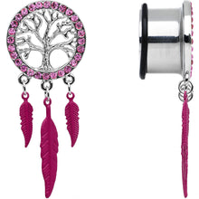 Load image into Gallery viewer, 11/16 Pink Gem Steel Single Flare Tree of Life Dangle Plug Set
