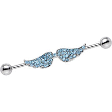 Load image into Gallery viewer, Blue Gem Encrusted Angel Wings Industrial Barbell 44mm
