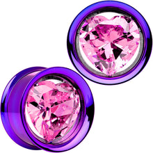 Load image into Gallery viewer, 7/8 Pink Heart Insert Purple Anodized Titanium Internal Threaded Plug
