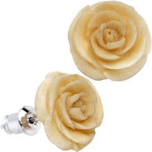 Load image into Gallery viewer, Organic Off White Wood Hand Carved Rosebud Stud Earrings
