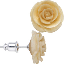 Load image into Gallery viewer, Organic Off White Wood Hand Carved Rosebud Stud Earrings
