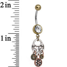 Load image into Gallery viewer, Antiqued Brass Steampunk Padlock Heart and Gears Dangle Belly Ring
