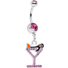 Load image into Gallery viewer, Pink Paved Martini Glass with Pengiun Dangle Belly Ring
