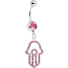 Load image into Gallery viewer, Pink Paved Hamsa Hand Dangle Belly Ring
