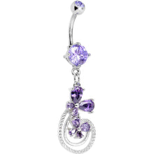 Load image into Gallery viewer, Purple Cubic Zirconia Flowers and Swirls Dangle Belly Ring
