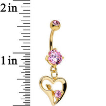 Load image into Gallery viewer, Pink CZ Gem Gold Anodized Folded Hollow Heart Dangle Belly Ring

