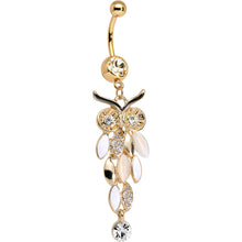 将图片加载到图库查看器，Clear Gem White Faux Opal Gold Anodized Feather Owl Dangle Belly Ring
