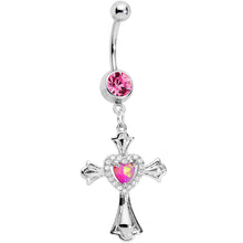 Load image into Gallery viewer, Pink Gem Pink Imitation Opal Cross Heart Dangle Belly Ring
