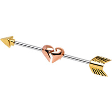 Load image into Gallery viewer, Gold Plated Arrow to a Rose Gold Broken Heart Industrial Barbell 32mm
