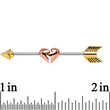Load image into Gallery viewer, Gold Plated Arrow to a Rose Gold Broken Heart Industrial Barbell 32mm
