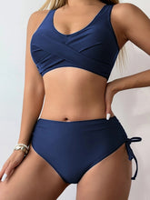 Load image into Gallery viewer, Bikini Twist Front V Neck High Waist 2 Piece Bikini Set for Women – Stretchy Tie Back Swimsuit with Drawstring Lace Up and Comfortable Fit – Trendy Solid Color Swimwear for Beach Days Pool Parties and Summer Vacations
