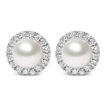 Load image into Gallery viewer, 10K White Gold 4.5mm Cultured Freshwater Pearl and 1/7 Cttw Diamond Halo Stud Earring (I-J Color, I1-I2 Clarity)
