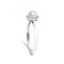 Load image into Gallery viewer, 10K White Gold 5MM Cultured Freshwater Pearl  and Diamond Halo Ring (I-J Color, I1-I2 Clarity) - Ring Size 6.5
