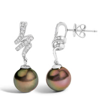 Load image into Gallery viewer, 14K White Gold 9MM Cultured Black Pearl and Diamond Accent Drop and Dangle Earrings (I-J Color, SI1-SI2 Clarity)
