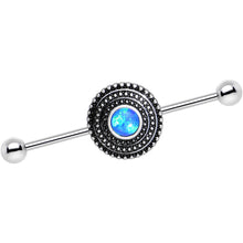 Load image into Gallery viewer, Blue Synthetic Opal Stainless Steel Medallion Industrial Barbell 37mm
