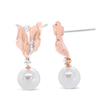 Load image into Gallery viewer, 14K Rose Gold 1/6 Cttw Round Diamond and 8mm Round Pearl Floral Drop Stud Earrings (H-I Color, I1-I2 Clarity)
