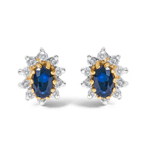 Load image into Gallery viewer, 14K Yellow Gold 1/4 Cttw Diamond and Blue Sapphire Sunburst Halo Stud Earrings (K-L Color, I1-I2 Clarity)
