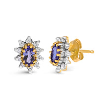 Load image into Gallery viewer, 14K Yellow Gold 1/4 Cttw Diamond and Blue Purple Tanzanite Sunburst Halo Stud Earrings (K-L Color, I1-I2 Clarity)
