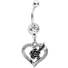 Load image into Gallery viewer, Clear Gem Tattoo Rose Flower in a Hollow Heart Dangle Belly Ring
