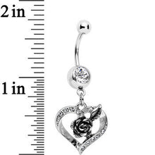 Load image into Gallery viewer, Clear Gem Tattoo Rose Flower in a Hollow Heart Dangle Belly Ring
