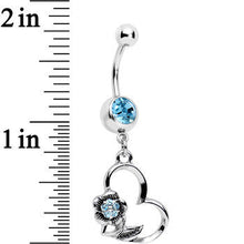 Load image into Gallery viewer, Aqua Gem Hollow Heart Flower Dangle Belly Ring
