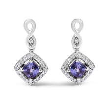 Load image into Gallery viewer, 10K White Gold Blue Purple Tanzanite and Diamond Halo Cushion Shaped Drop Earrings (I-J Color, I1-I2 Clarity)
