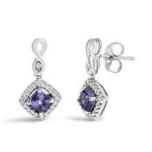 Load image into Gallery viewer, 10K White Gold Blue Purple Tanzanite and Diamond Halo Cushion Shaped Drop Earrings (I-J Color, I1-I2 Clarity)
