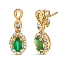 Load image into Gallery viewer, 10K Yellow Gold Oval Cut Green Emerald 5x3 mm and 1/7 Cttw Round Diamond Dangle Earrings
