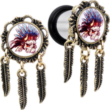 Load image into Gallery viewer, 00G Steel Indian Skull Single Flare Feather Dangle Plug Set

