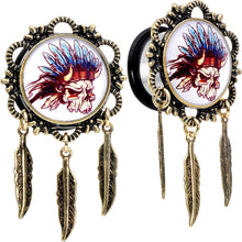 Load image into Gallery viewer, 5/8 Steel Indian Skull Single Flare Feather Dangle Plug Set
