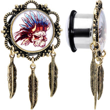 Load image into Gallery viewer, 5/8 Steel Indian Skull Single Flare Feather Dangle Plug Set
