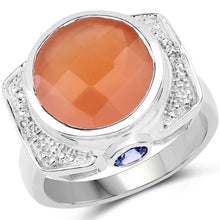 Load image into Gallery viewer, 5.99 Carat Genuine Peach Moonstone, Tanzanite and White Topaz .925 Sterling Silver Ring
