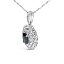 将图片加载到图库查看器，14K White Gold Oval Blue Sapphire and 3/4 Cttw Diamond Halo Pendant Necklace
