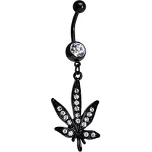 将图片加载到图库查看器，Clear Gem Black Anodized Marijuana Leaf Dangle Belly Ring
