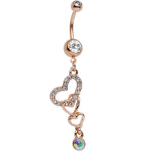 Load image into Gallery viewer, Clear Aurora Gem Rose Gold Anodized Triple the Love Dangle Belly Ring
