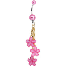 将图片加载到图库查看器，Golden Chain Hot Pink Pearly Floral Dangle Belly Ring
