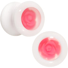 Load image into Gallery viewer, White Acrylic Pink Rose Flower Insert Saddle Plug Set Available in Sizes 00G to 26mm
