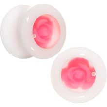Load image into Gallery viewer, White Acrylic Pink Rose Flower Insert Saddle Plug Set Available in Sizes 00G to 26mm
