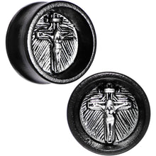 Load image into Gallery viewer, 20mm Black Organic Beechwood Stainless Steel Cross Saddle Plug Set
